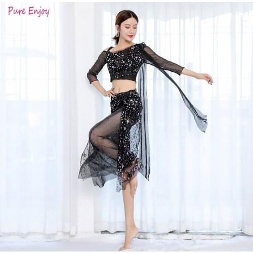 Belly dance set autumn and winter beads mesh gauze scarf skirt long sleeves elegant fairy belly dance practice clothes