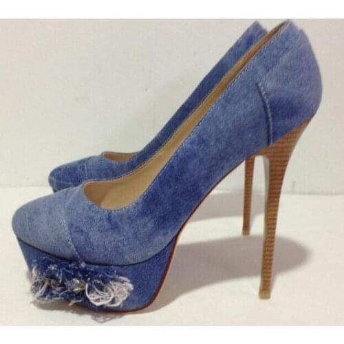 New fashion denim blue crystal embellished high heel shoe 2017 spring newest pointed toe woman pumps dress heels thin heels shoe