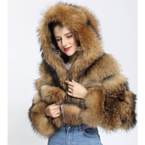 High Quality Furry Raccoon Fur Coats Women Fluffy Hot Sale Coat with Hooded Winter Real Fur Jacket