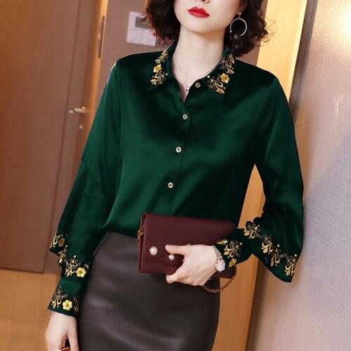 Spring Fall Office Ladies Woman Black Blue Embroidery Long Sleeve Blouse Shirt , Woman Black Purple Blue Imitaton Silk Blouses