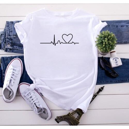 Plus Size S-5XL 100%Cotton TShirt Simple Heartbeat Print T-Shirt Women O Neck Short Sleeve Tees Summer Women T Shirt Pink Tops