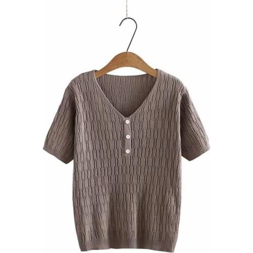 Plus Size XL-4XL Womens V-neck Knitted Tops Casual Summer Shirts Oversized Coffee Black Slim Tee