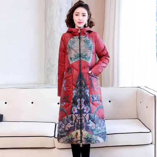 Women 2021 Winter Fashion Printed White Duck Down Coats Female Long Hooded Jackets Ladies Plus Size Loose Overcoats R284