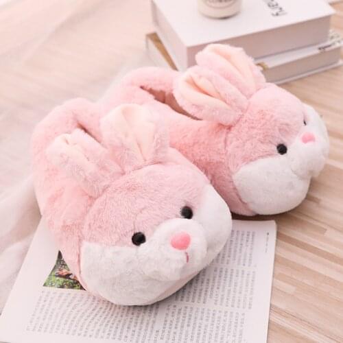 Women Winter Slippers Cute Pink Bunny Cartoon Design Warm Home Plush Head Silent Indoor Floor Adult Girl Lady House Shoes