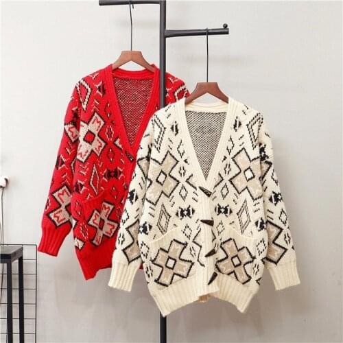 Retro Literary Geometric Cardigan Sweater Womens Single-breasted Pocket Thickened Loose Knit Cardigan Jumpers Spring Autumn