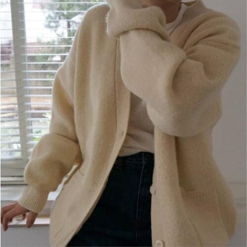 Women Autumn Winter V Neck Sweater Coat Single Breasted Oversized Knitted Cardigan Jacket Full Sleeve Outerwear