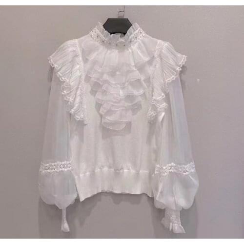 High Quality New Runway Sweaters 2021 Autumn Winter Knitted Tops Women Stand Neck Cascading Ruffle Beading Deco White Red Jumper