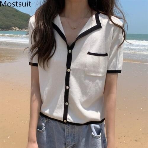 Korean Vintage Knitted Pullover Tops Summer Women Short Sleeve Single Breasted Kntiwear Sweater Elegant Ladies Jumpers 2021