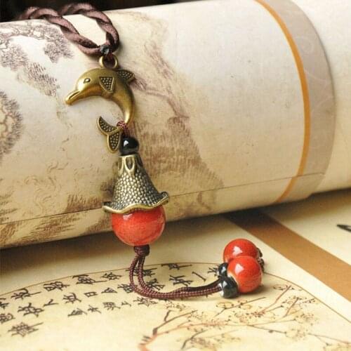 Vintage Long Pendant Necklace For Women Ceramic Beads Tassel Retro Dolphin Alloy Flower Pendants Charm Choker Statement Jewelry