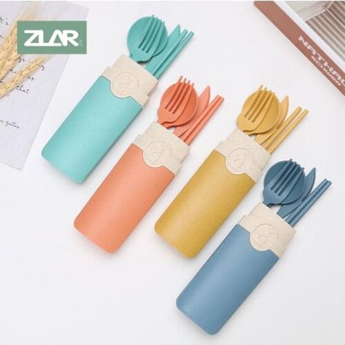 ZLAR Children Tableware With Box Wheat Straw Color Fashion Portable Reusable Spoon Fork Chopsticks Travel Picnic Set Dinnerware