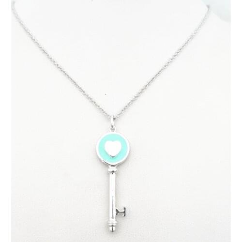 100% pure silver ms sweet classic romantic circular blue enamel heart-shaped key sweater chain necklace pendant jewelry