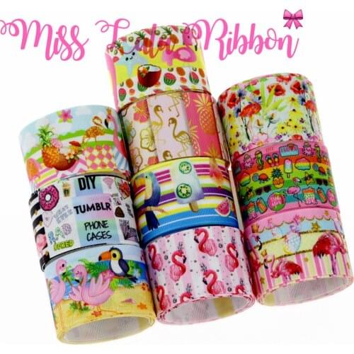 16mm-75mm Flamingo Series Pineapple Fruits Printed Grosgrain/Foe Ribbon DIY Party Gift Decor Hair Bowknots 50yards/roll