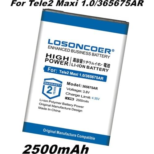 0 Cycle 100% New LOSONCOER 365675AR 2500mAh Battery For Tele2 Maxi 1.0/365675AR Mobile phone battery