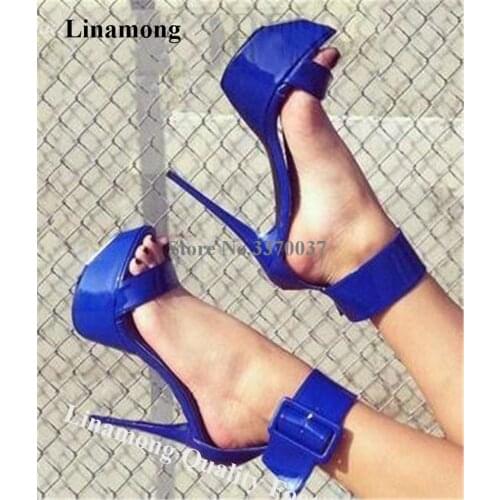 Linamong Brand Style Patent Leather High Platform Stiletto Heel Sandals Blue Ankle Strap Buckle High Heel Sandals Dress Heels