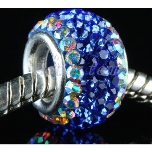 2pcs Blue Czech Diamond Big Hole Beads Silver Spacer Loose Beads Charms For Jewelry Making DIY Necklace Bracelet Accessories