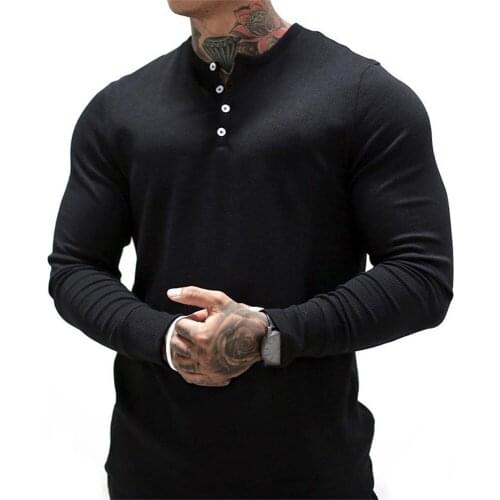 New Mens Buttons V Neck T shirts Male Solid Color Long Sleeves Casual Cotton tshirt Tops Training Running GYM Fashion Sportwear