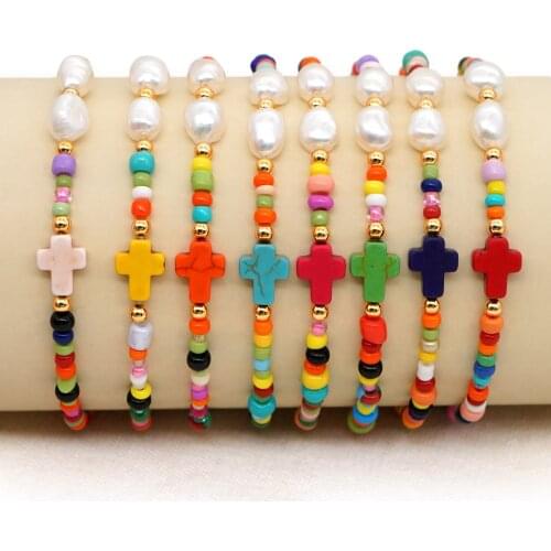 GO2BOHO Cross Bracelets For Women Christian Bracelet Rainbow Beads Freshwater Pearl Pulseras Moda Multicolor Handmade Jewelry