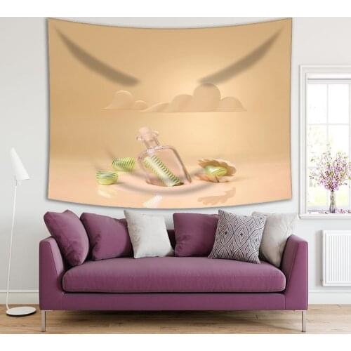 Tapestry Hearts Seashell Clouds and Bottle with Note Inside Sea Beach Artwork Printed Green Beige