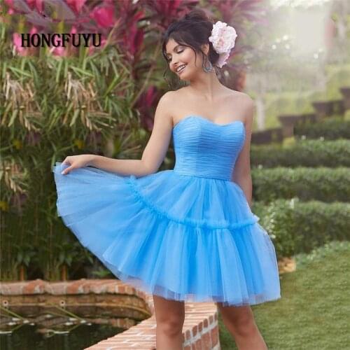 Hongfuyu Simple Strapless Blue Cocktail Dresses Tulle A-line Corset Tea-length Homecoming Gown