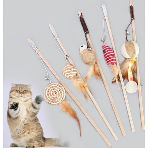 Pet Cat Toy Funny Cat Sticks Wooden Pole Linen False Mouse Funny Playing For Cats Colorful Feather Plush Toy Rope Bite Toy