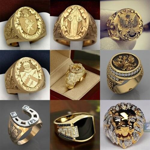 Hip-Hop Cool Mens Christian Catholic Jesus handmade Carving Ring Vintage Crown Lion Badge Shield Wedding Party Punk Jewelry