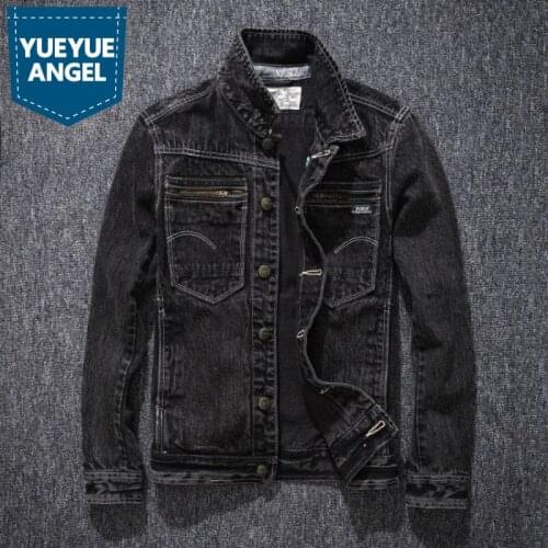 Mens Punk Denim Jacket Vintage Slim Fit Single Breasted Coats Male Casual Pockets Motorcycle Black Jackets Long Sleeve Outerwear