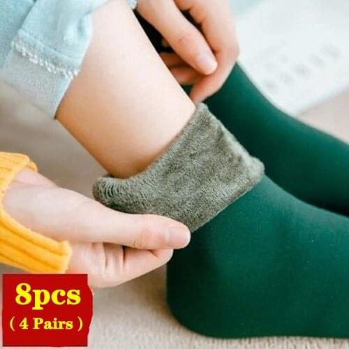 4 Pairs Womens Winter Warm Socks Thicken Thermal Nylon Cashmere Solid Color Socks Soft Snow Velvet Boots Floor Sleep Black Sock