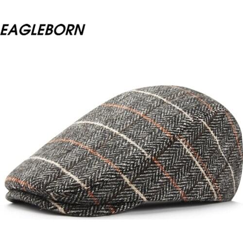 2021 New Autumn Winter Hat Men Beret Dad Hat Fashion British Classic Striped Woolen Beret Men Hats Senior Citizen Gray Khaki Cap