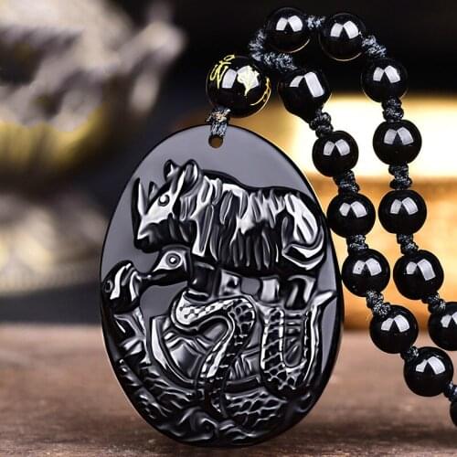 Natural Black Obsidian Beads Necklace Hand-Carved Zodiac Cattle Auspicious Jade Pendant Charm Amulet for Man Women Gifts Jewelry