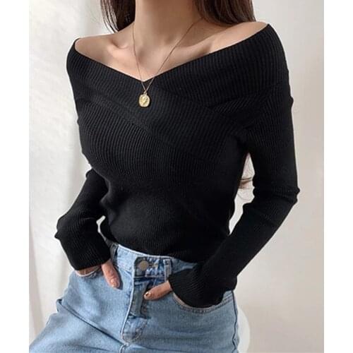 Slash Neck Sexy Sweater Women Korean Fashion Womens Blouse V-neck White Pullover Female Long Sleeve Autumn Top Fall Clothes