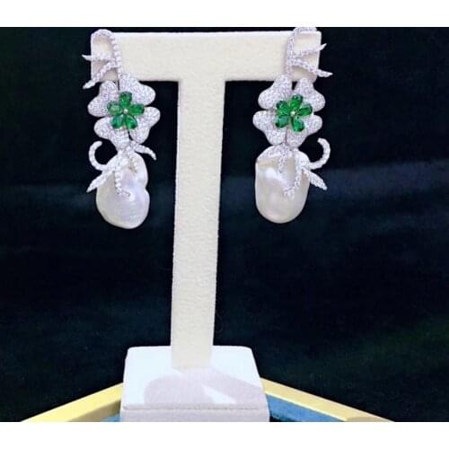 Baroque natural fresh water pearl drop earring 925 sterling silver with cubic zircon flower luxury fine women jewelry