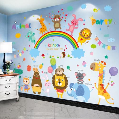 [SHIJUEHEZI] Cartoon Animals Wall Stickers DIY Lion Bear Giraffe Mural Decals for Kids Rooms Baby Bedroom Home Decoration