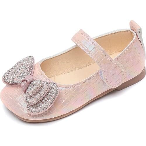 Girls Leather Shoes Girls Show Crystal Princess Shoes Baby Single Shoes Soft Sole Sweet Flats Bow-knot Pearl Hot Kids Shoes Chic