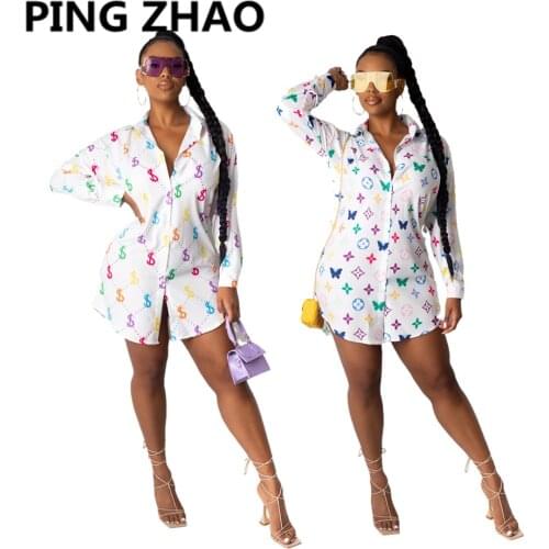 PING ZHAO Autumn Women Printed Chic Shirt Blouse Long Sleeve Button Detail Shirts Tops