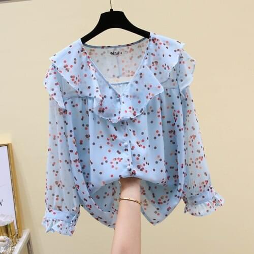 2021 Spring New Ruffled V Collar Chiffon Shirt Womens Polka Dot Print Fashion Temperament Office Lady Blue Blouse Blusas Femme