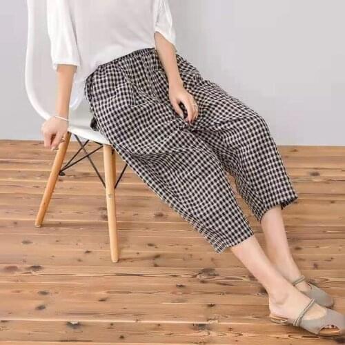 2021 New Arrival Summer Women Elastic Waist Ankle-length Pants Loose Casual All-matched Plaid Cotton Linen Harem Pants W01