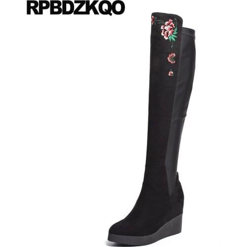 Wedge Stretch Pointed Toe Knee High Heel Long Flat Slim Shoes Women Boots Winter 2017 Embroidered Fashion Over The Flower Black