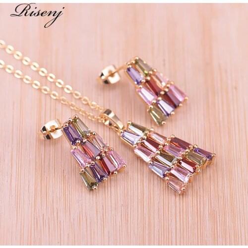 Risenj Trapezoid Gold Color Jewelry Set For Women Colorful Zircon & Crystal Earring Necklace Pendant Set Best Present For Women