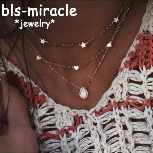 Boho Multi layer Water Droplet Crystal Pendant Necklaces For Women Fashion Gold Color Star Heart Charm Chains Necklace Jewelry