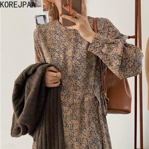 Korejpaa Women Dress 2021 Autumn Korea Temperament Ladies Retro Round Neck Floral Drawstring Pleated Puff Sleeve Waist Vestidos