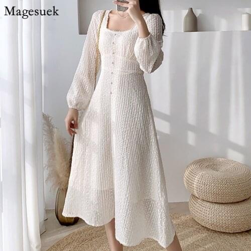 New Vintage Women Dress Summer Square Collar Puff Sleeve Female Dress Casual Elegant Midi Office Ladies Dresses Vestidos 12917