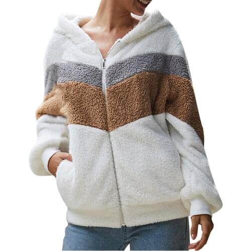 Winter Women Jacket Warm Plush Casual Loose Hooded Coat Mixed Color Patchwork Winter Outwear Faux Fur Zipper Ladies Parka Coat