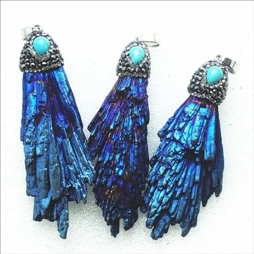 1PC natural mine stone pendants 65-70mm more stone beads accessories women pendants with blue rhinestone top fashion jewelry