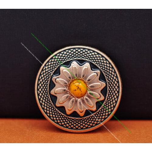 10PC Gold Southeast Tribal Floral Yellow Turquoise Leathecraft Saddle Bridle Pet Collor Conchos Screwback 1"