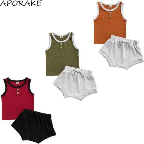 2021 3-24M Newborn Baby Girl Boy Clothes Set Button Patch Sleeveless Top Vest+Shorts Casual Infant Summer Outfits Set 2pcs