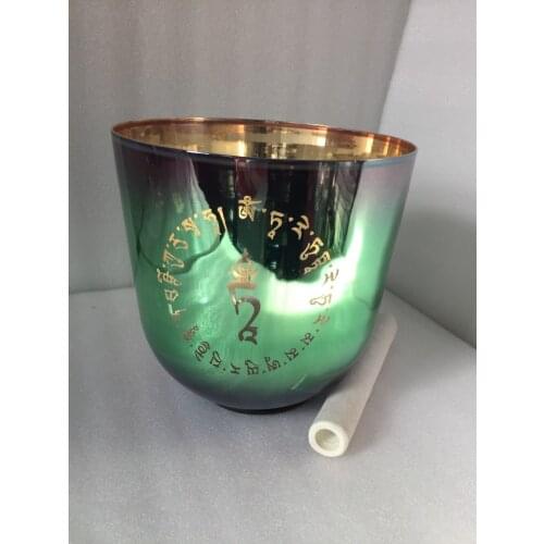 2th Octave colour Crystal Singing Bowl 9 Inch,432HZ, Perfect musical note "B" With carved"green tara mantra" design