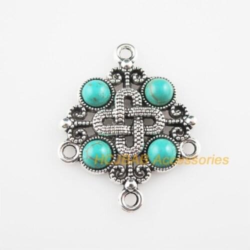 4Pcs Tibetan Silver Color Blue Stone Chinese Knot Charms Connectors 30x37mm