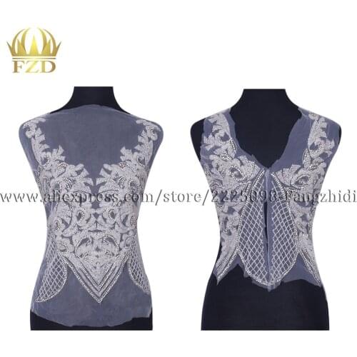 FZD 1 Set Sew on Silver rhinestone Bodice applique fashion Party Gown bodices Patches Rhinestones beads for Wedding Dresses