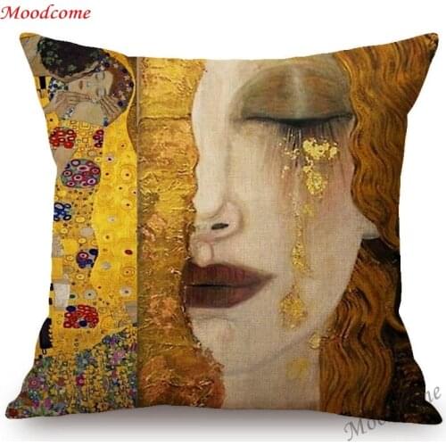 Gallery Art Decoration Cushion Cover Gold Yellow Color Gustav Klimt Oil Painting Kiss Hotel Lobby Home Decor Sofa Throw Pillow