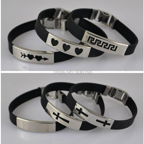 12pcs/lot Mix Style Black Silicone Bracelet Stainless Steel Buckle Bracelets Cross Heart Cupid Wristband Fashion jewelry